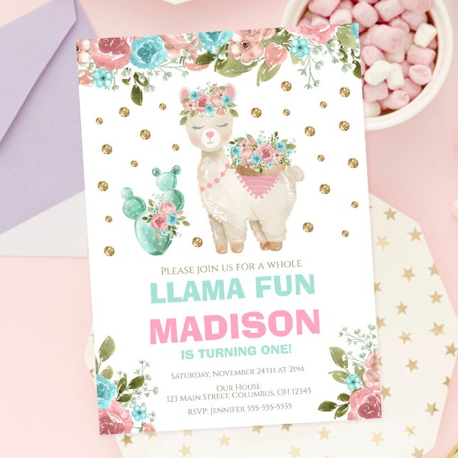 Invitación Cumpleaños de niña 1 año Whole Llama Fun Rosa Ment (Subido por el creador)