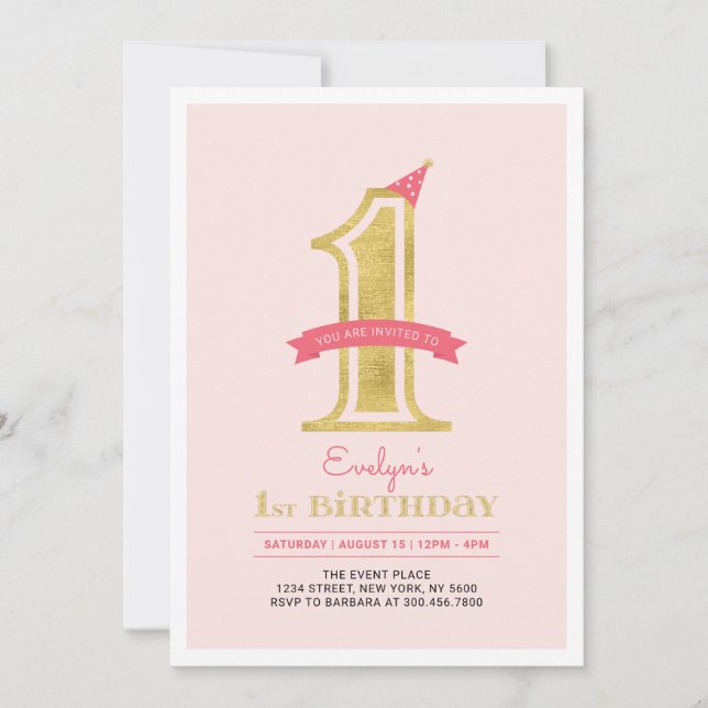 Invitación Cumpleaños de niña 1er año | Rosa y dorado (Anverso)