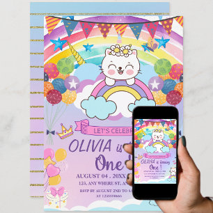Invitación  Cumpleaños de niña 1er Cumpleaños Lindo Unicornio