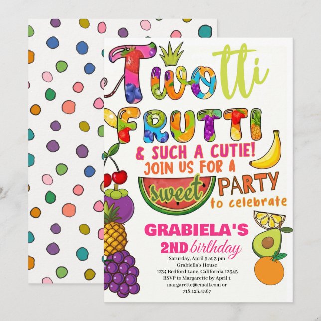 Invitación Cumpleaños de niña 2 años con frutas tropicales TW (Anverso / Reverso)