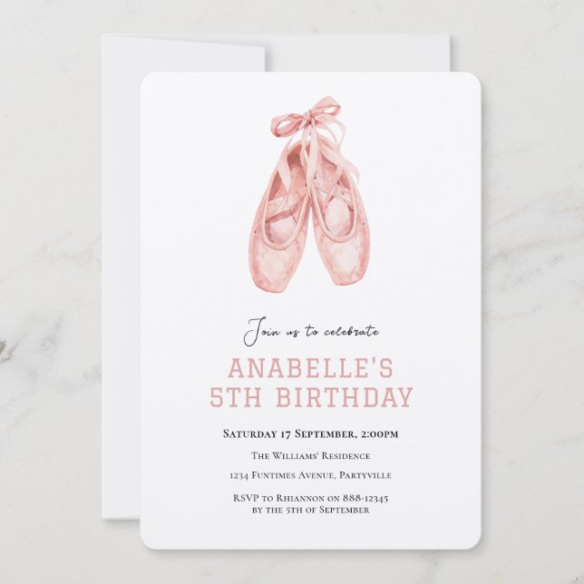Invitación Cumpleaños de niña 5 años ballet  (Anverso)