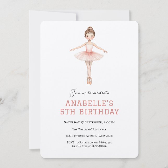 Invitación Cumpleaños de niña 5 años ballet  (Anverso)