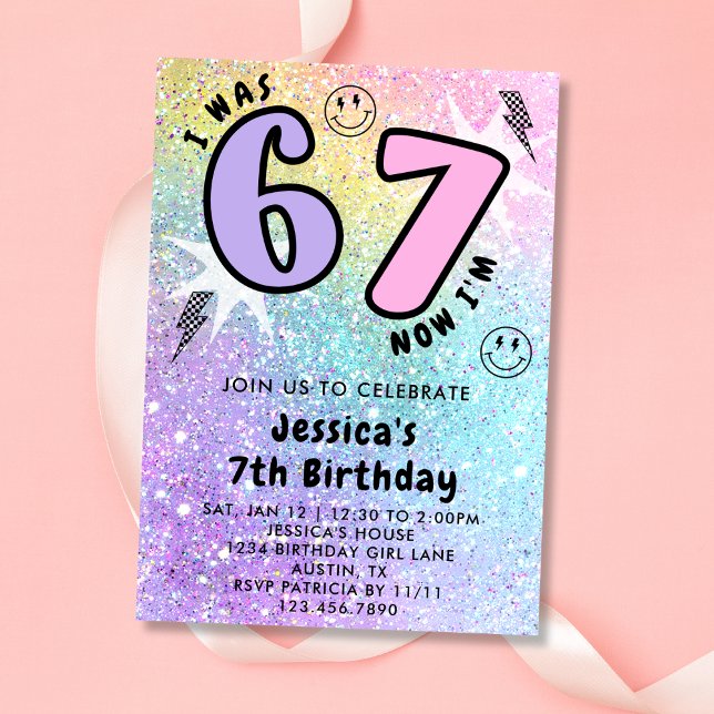 Invitación Cumpleaños de niña 6 7 Pastel Arcoíris Brillante F (Subido por el creador)