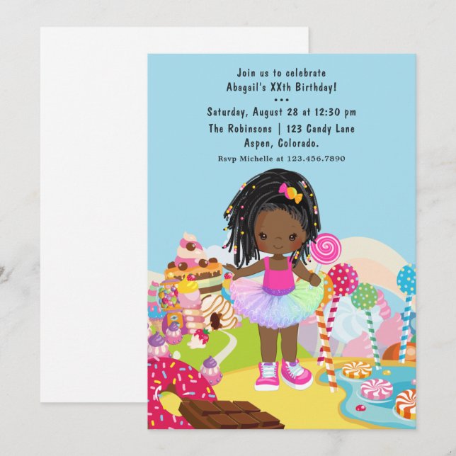 Invitación Cumpleaños de niña afroamericana en Candy Land (Anverso / Reverso)