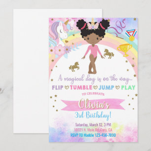 Invitación Cumpleaños de niña afroamericana gimnasia unicorni