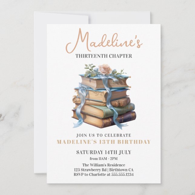 Invitación Cumpleaños de niña amante de los libros (Anverso)
