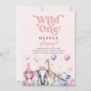 Invitación Cumpleaños de niña Animales Safari Selva Rosa Uno