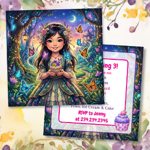 Invitación Cumpleaños de niña asiática, mariposas y pastelito