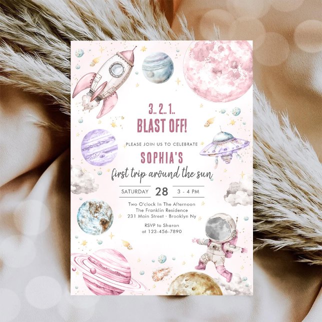 Invitación Cumpleaños de niña astronauta planetas espacio ext (Subido por el creador)