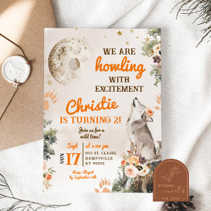 Invitación Cumpleaños de niña aullando luna y lobo