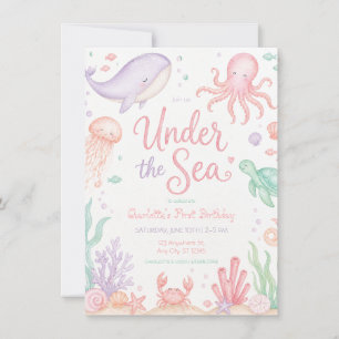 Invitación Cumpleaños de niña bajo el mar pastel océano