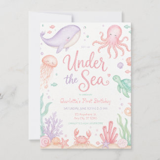 Invitación Cumpleaños de niña bajo el mar pastel océano