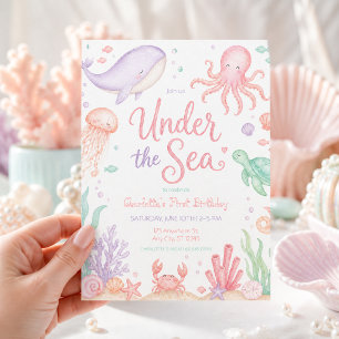Invitación Cumpleaños de niña bajo el mar pastel océano