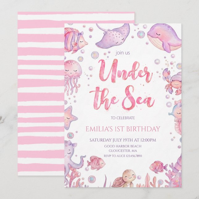 Invitación Cumpleaños de niña bajo el mar Rosa (Anverso / Reverso)
