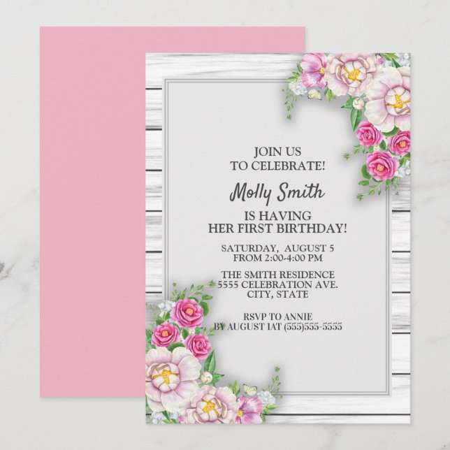 Invitación Cumpleaños de niña bebé de un año con flores rosad (Anverso / Reverso)