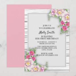 Invitación Cumpleaños de niña bebé de un año con flores rosad
