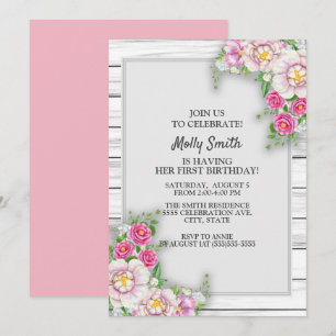 Invitación Cumpleaños de niña bebé de un año con flores rosad