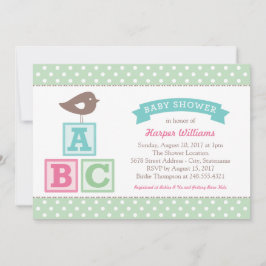 Invitación Cumpleaños de niña bebé pajarito verde menta bloqu