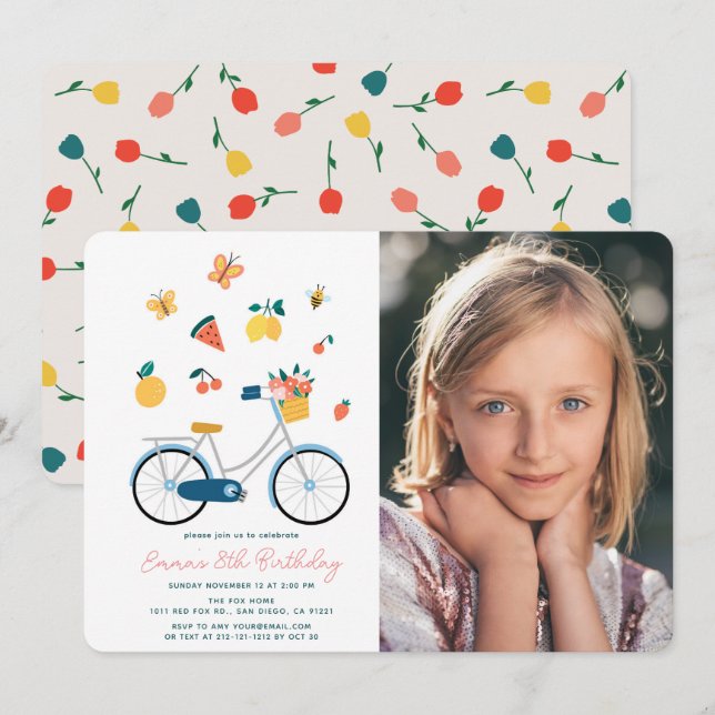 Invitación Cumpleaños de niña bicicleta mariposas frutas foto (Anverso / Reverso)