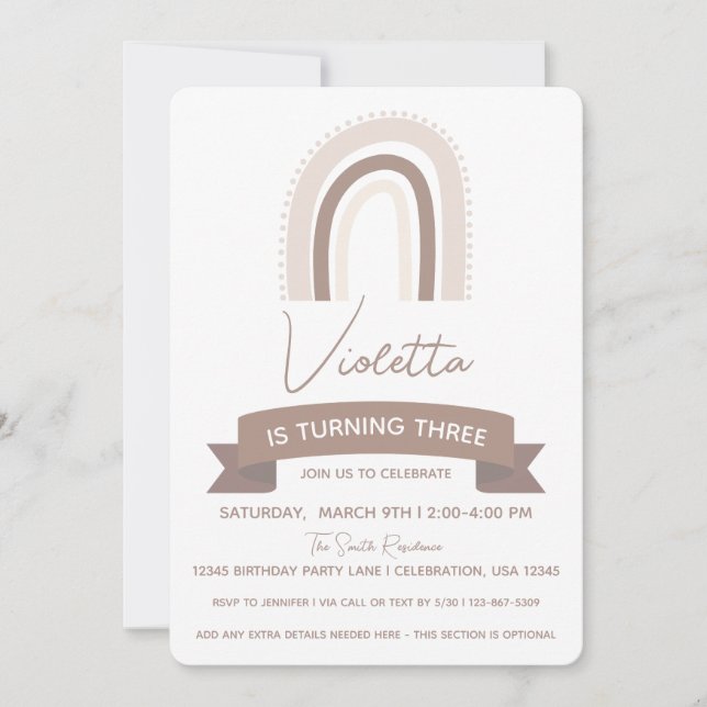 Invitación Cumpleaños de niña boho arcoíris (Anverso)