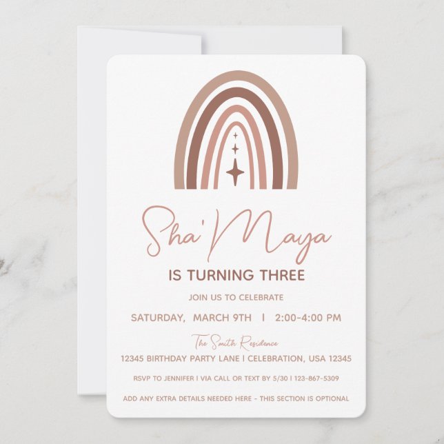Invitación Cumpleaños de niña boho arcoíris (Anverso)
