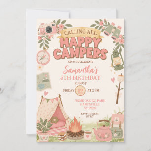 Invitación Cumpleaños de niña Boho Pink Happy Campers