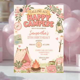 Invitación Cumpleaños de niña Boho Pink Happy Campers