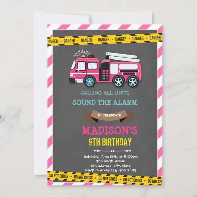 Invitación Cumpleaños de niña camión de bomberos (Anverso)
