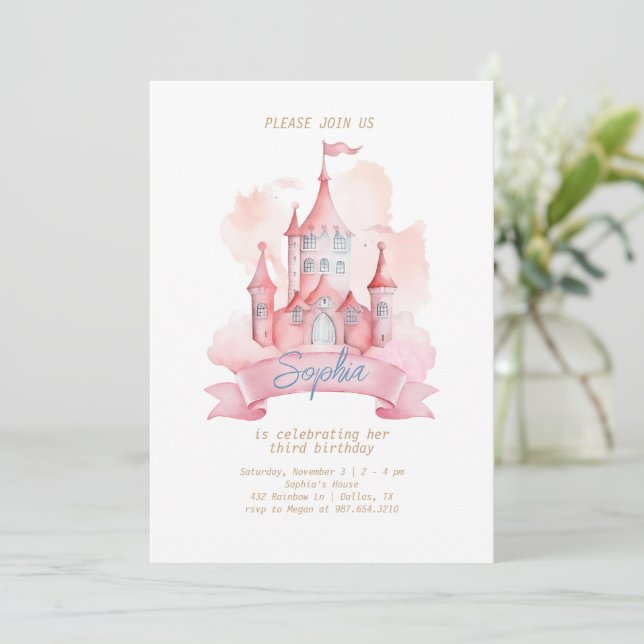 Invitación Cumpleaños de niña Castillo de la Princesa Rosa (Anverso de pie)