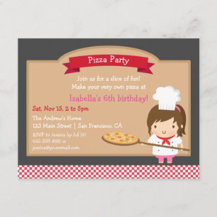 Invitación Cumpleaños de niña chef de pizza linda personaliza