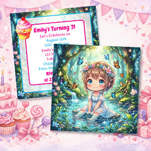 Invitación Cumpleaños de niña Chibi linda en un bosque encant