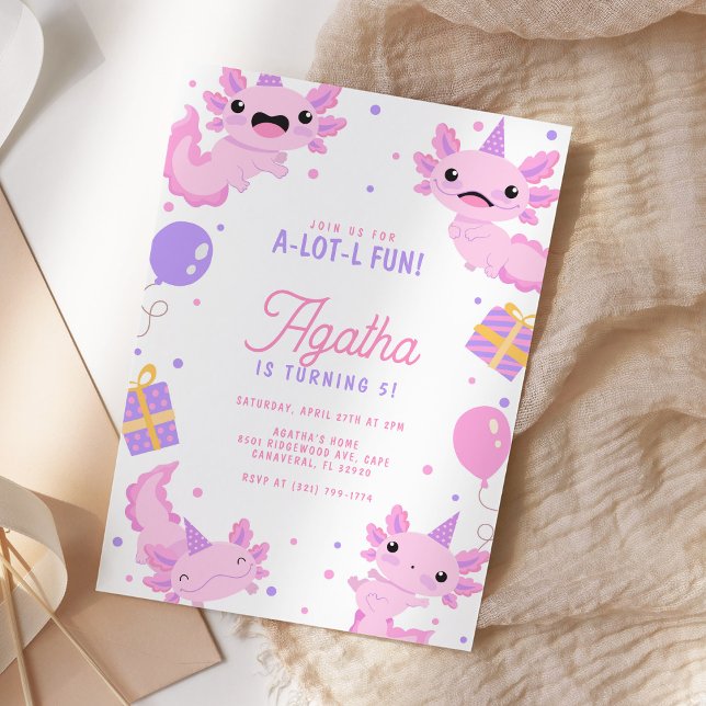 Invitación Cumpleaños de niña con ajolote rosa lindo (Subido por el creador)
