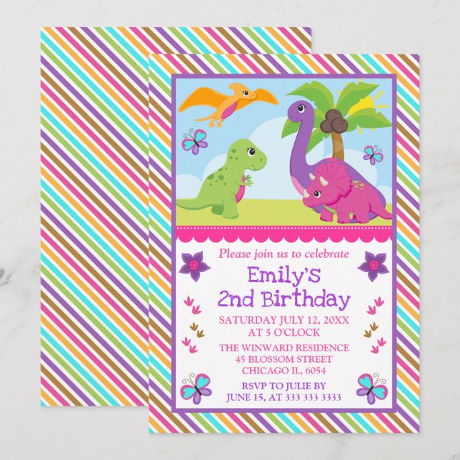 Invitación Cumpleaños de niña con amigos dinosaurios lindos (Anverso / Reverso)