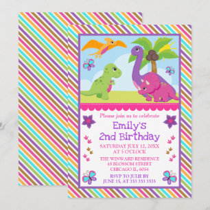 Invitación Cumpleaños de niña con amigos dinosaurios lindos