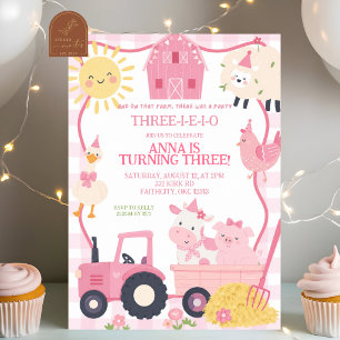 Invitación Cumpleaños de niña con animales de granja rosados 
