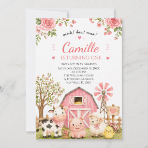 Invitación Cumpleaños de niña con animales de granja rosados