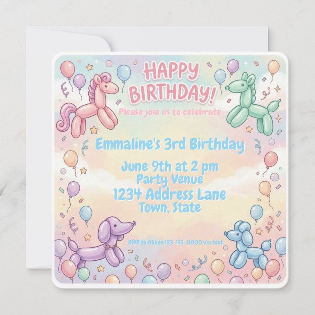Invitación Cumpleaños de niña con animalitos de globos pastel (Anverso)