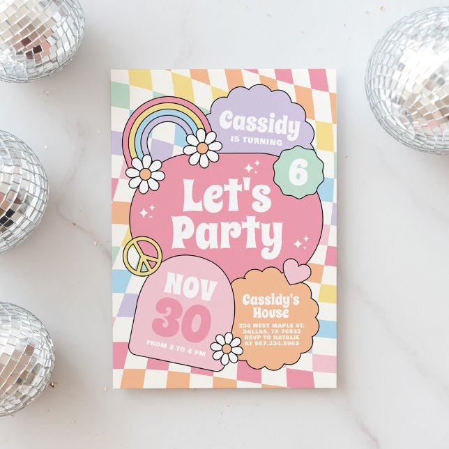 Invitación Cumpleaños de niña con arcoíris a cuadros retro gr (Subido por el creador)