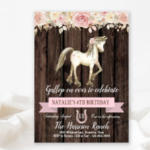 Invitación Cumpleaños de niña con caballo acuarela pony flor