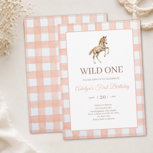 Invitación Cumpleaños de niña con caballo de gingham de meloc (Subido por el creador)