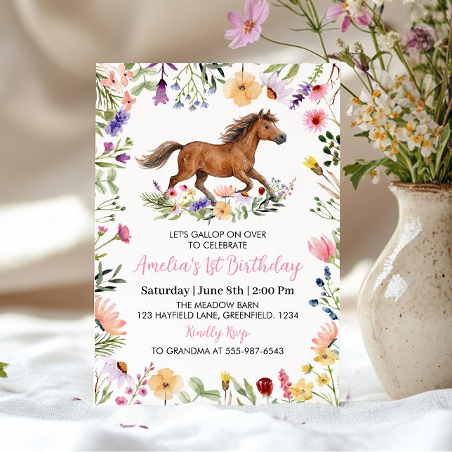 Invitación Cumpleaños de niña con caballo rústico y flores si (Subido por el creador)