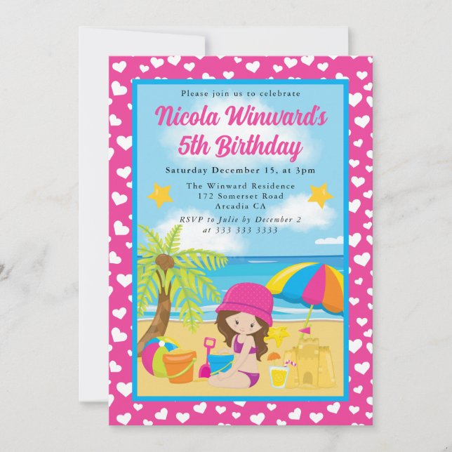 Invitación Cumpleaños de niña con cabello castaño lindo en la (Anverso)