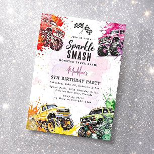 Invitación Cumpleaños de niña con camión monstruo brillo