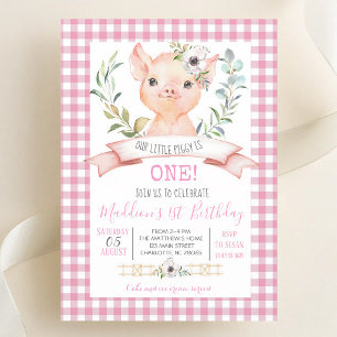 Invitación Cumpleaños de niña con cerdo de gingham rosa
