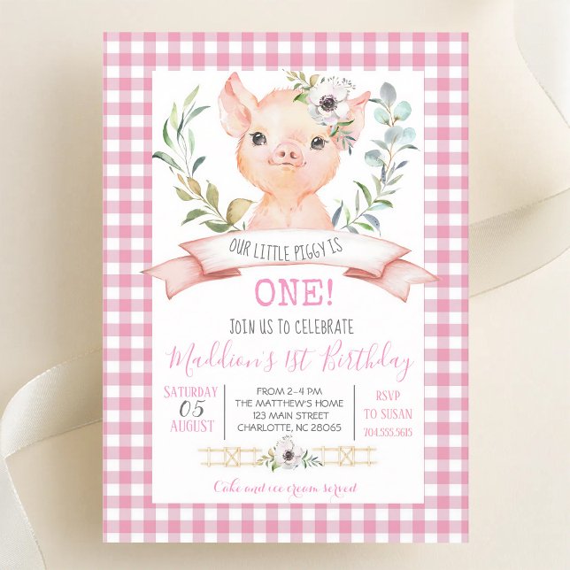Invitación Cumpleaños de niña con cerdo de gingham rosa (Subido por el creador)