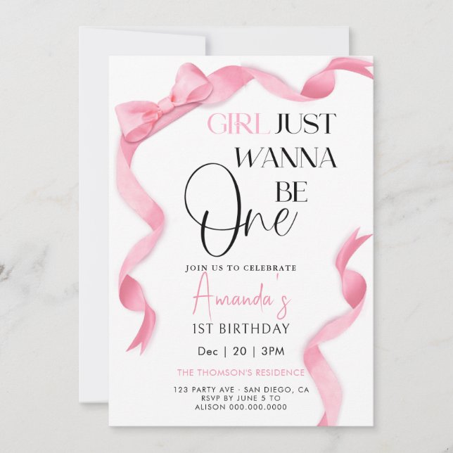 Invitación Cumpleaños de niña con cinta rosa elegante (Anverso)