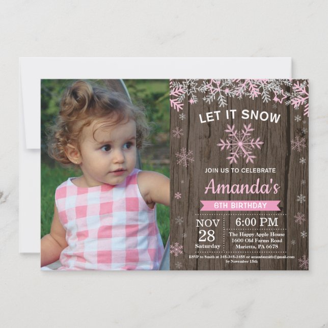 Invitación Cumpleaños de niña con copo de nieve rosa plateado (Anverso)