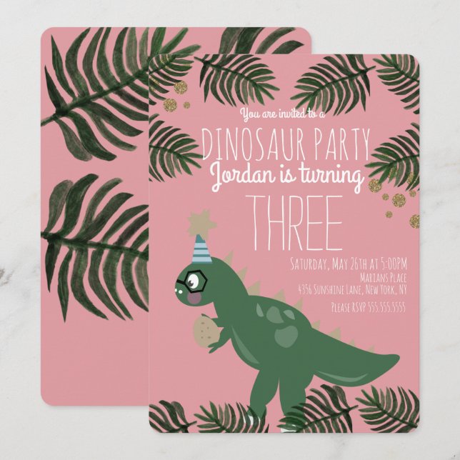 Invitación Cumpleaños de niña con dinosaurio genial con purpu (Anverso / Reverso)