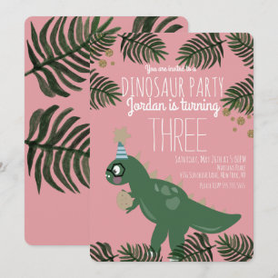Invitación Cumpleaños de niña con dinosaurio genial con purpu