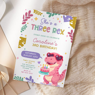 Invitación Cumpleaños de niña con dinosaurio rosa tres Rex